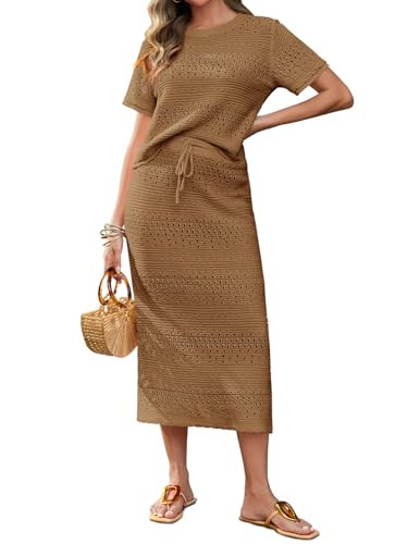 Tankaneo Womens Crochet Cover Up 2 Piece Skirt Sets Short Sleeve Knit Top Midi Skirt Vacation Tra... | Amazon (US)