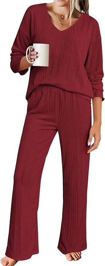 Ekouaer Womens Ribbed Knit Pajamas Set V Neck Long Sleeve Pj Set Matching Outfits Top and Pant Lo... | Amazon (US)