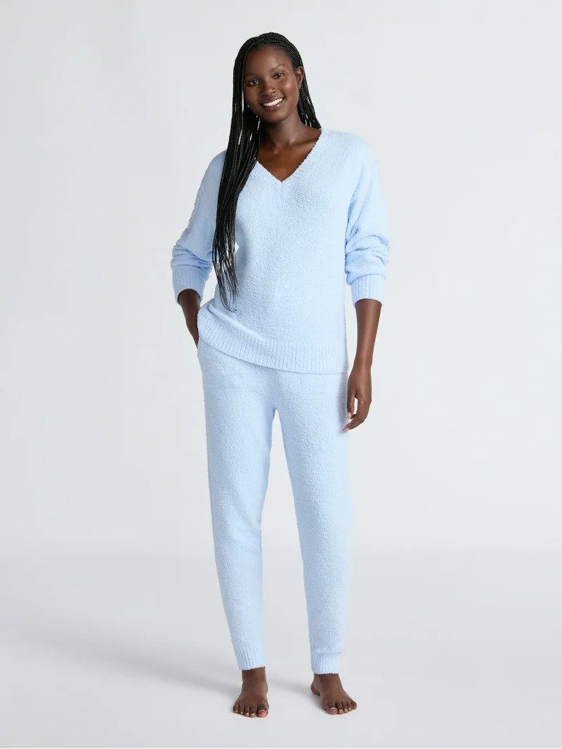 Joyspun Women's Fuzzy Knit V-Neck Top and Joggers Set, 2-Piece, Sizes XS-3X | Walmart (US)
