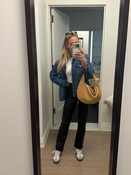 Leather pants- size up one! I’m wearing 25
Denim jacket runs tts- I’m wearing XS 
Adidas sambas and similar linked 
Tee use code: toreystreasures 

#LTKfindsunder100 #LTKSeasonal #LTKstyletip