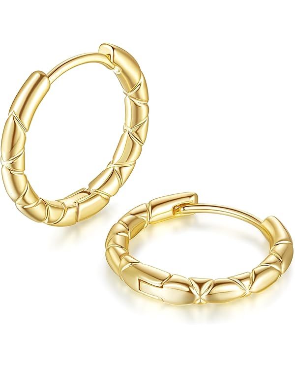 14K Gold Hoop Earrings Huggie Hoop Earrings Gold Small Hoop Earrings for Women Crosshatch Engravi... | Amazon (US)