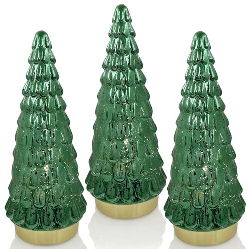 Green Mercury Glass Christmas Tree 3pcs, Tabletop Christmas Tree with Light, Battery Operated Mini Xmas Tree for Fireplace Centerpiece Decorations 10" | Amazon (US)