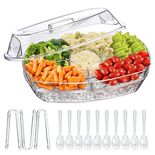 LIMOEASY Chilled Veggie Tray, 15 Inch Clear Party Platter with 4 Compartments, Ice Serving Bowl with Lid, Cold Food Buffet Server for Fruit, Vegetable, Appetizer, Shrimp | Amazon (US)