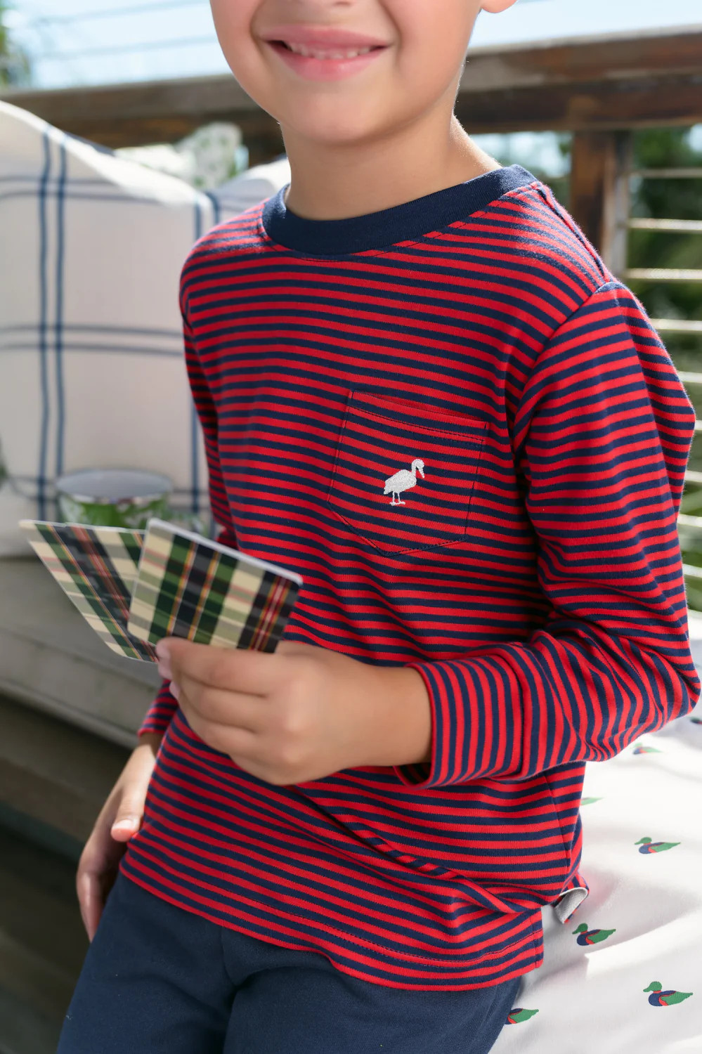 Long Sleeve Carter Crewneck - Richmond Red & Nantucket Navy Stripe with Palmetto Pearl Stork | The Beaufort Bonnet Company