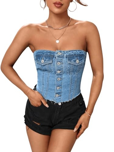 GORGLITTER Women's Denim Corset Top Y2K Strapless Button Up Crop Tube Top | Amazon (US)