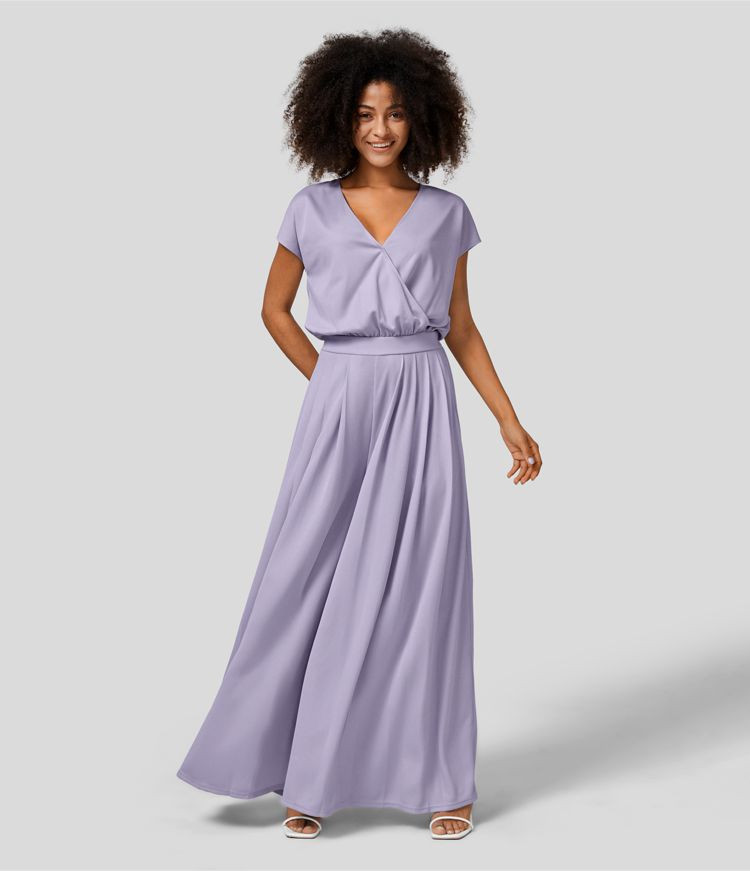 V Neck Short Sleeve Plicated Side Pocket Wide Leg Flowy Waffle Casual Jumpsuit | HALARA