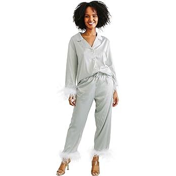 Belle's Design Women's Feather Trim Silk Satin Pajama Button Down Long Sleeve and Pants Set Sleep... | Amazon (US)