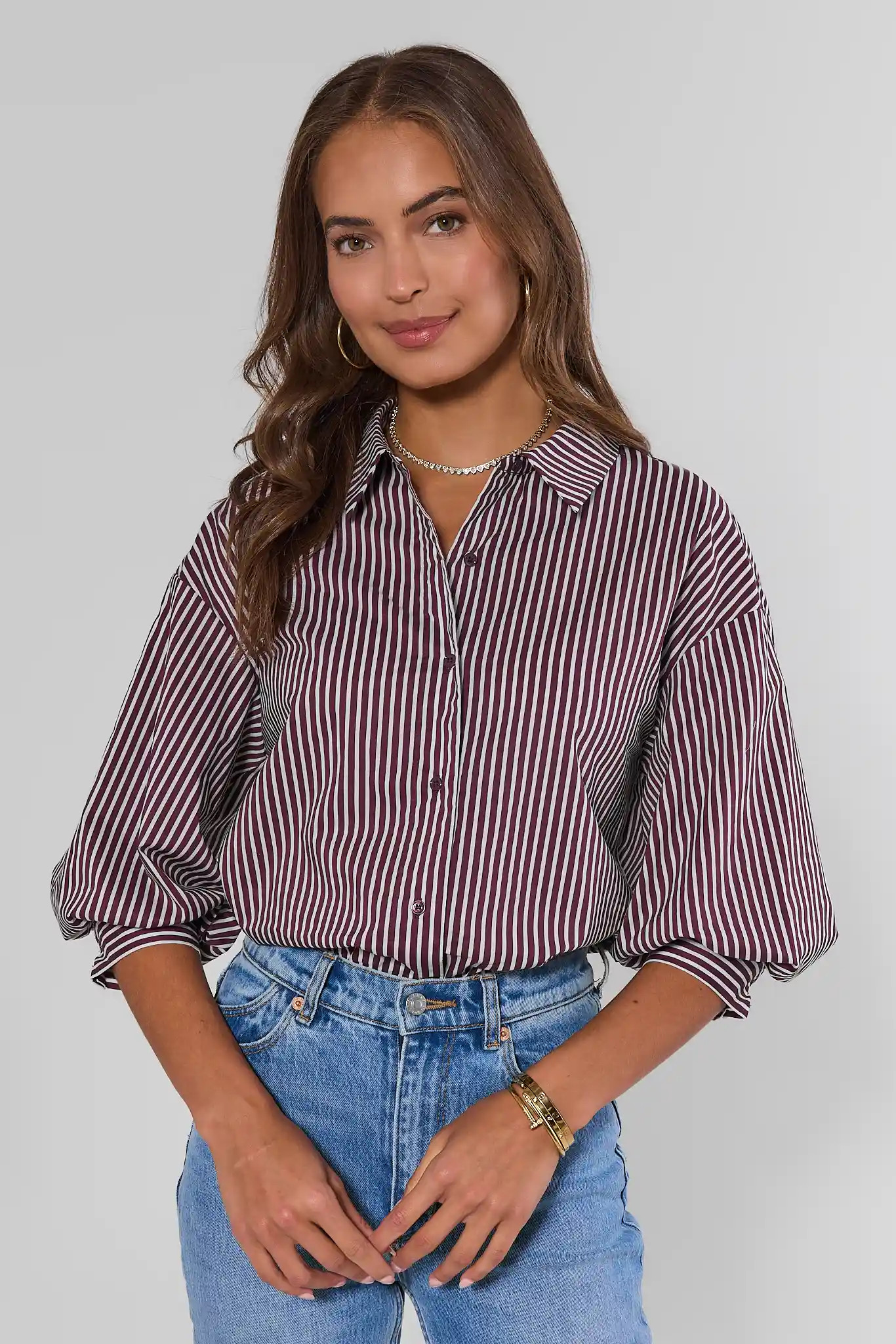 Burgundy Striped Button Up Top | Avara