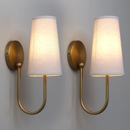 Yosoan Brass Linen Fabric Shade Wall Sconce Set of 2, Vanity Aged Vintage Industrial Hardwired Go... | Amazon (US)