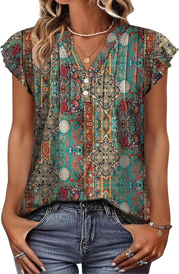 OFEEFAN Summer Tops for Women Button Down Blouses for Women Dressy Casual V Neck T Shirts Ruffle ... | Amazon (US)