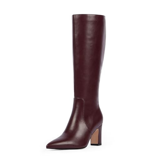 VIUGJNEX Burgundy Knee High Boots Burgundy Tall Pointed Toe 3 Inch High Chunky Heel Fall Dressy Boot Comfortable, Size 9.5 | Amazon (US)