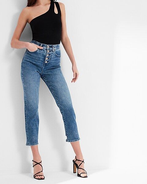Super High Waisted Medium Wash Button Fly Mom Jeans | Express