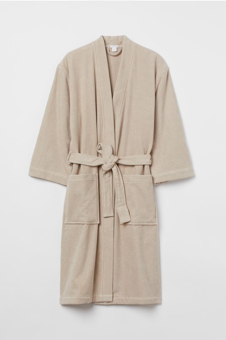 Cotton terry bathrobe with a shawl collar and a tie belt at waist. | H&M (US + CA)