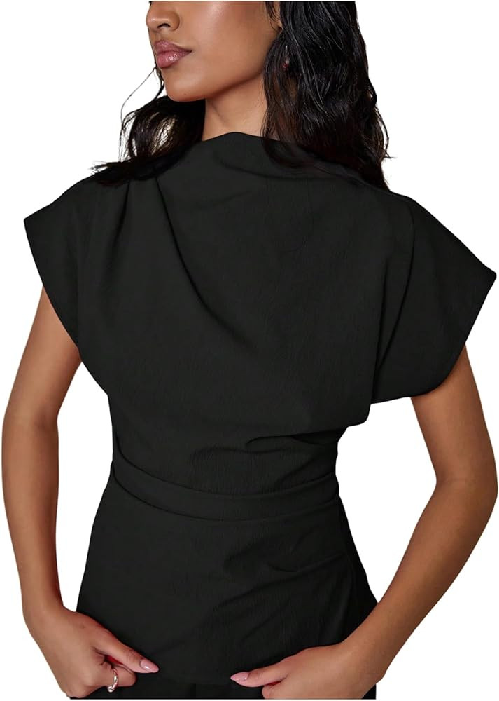 Floerns Women's Short Dolman Cap Sleeve Ruched Mock Neck Zipper Back Dressy Casual Tee Shirts | Amazon (US)