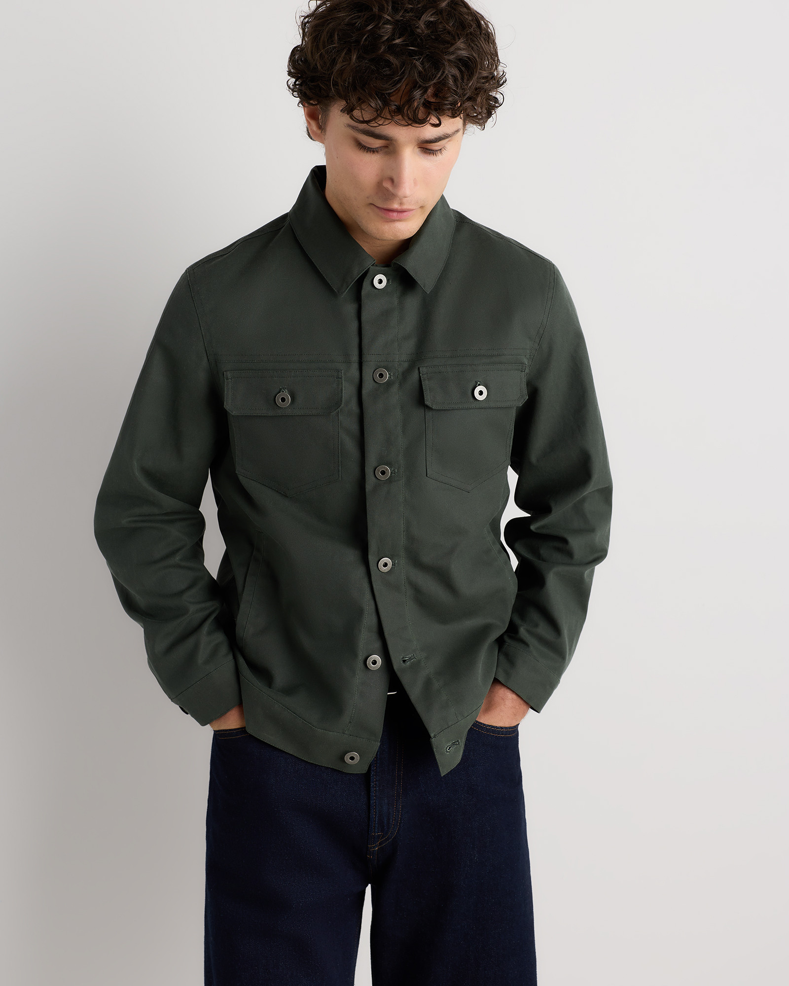 Quince organic waxed canvas trucker jacket in dark forest green