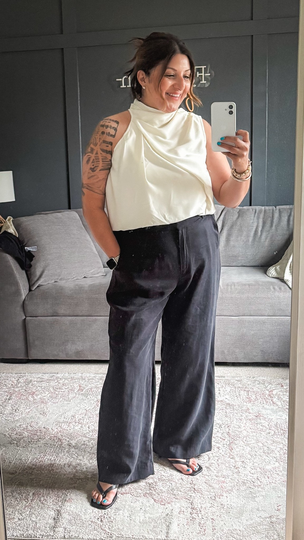 Commense top - XL
A&F crepe pants - 33 (these are last year’s version but I linked this year’s version)
Open Edit kitten heel sandals 
@Commense @abercrombie

#LTKSaleAlert #LTKOver40 #LTKMidsize