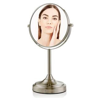 Small Round Tabletop Nickel Brushed Makeup Mirror (13.3 in. H x 5.3 in. W), 1x-7x Magnification | The Home Depot
