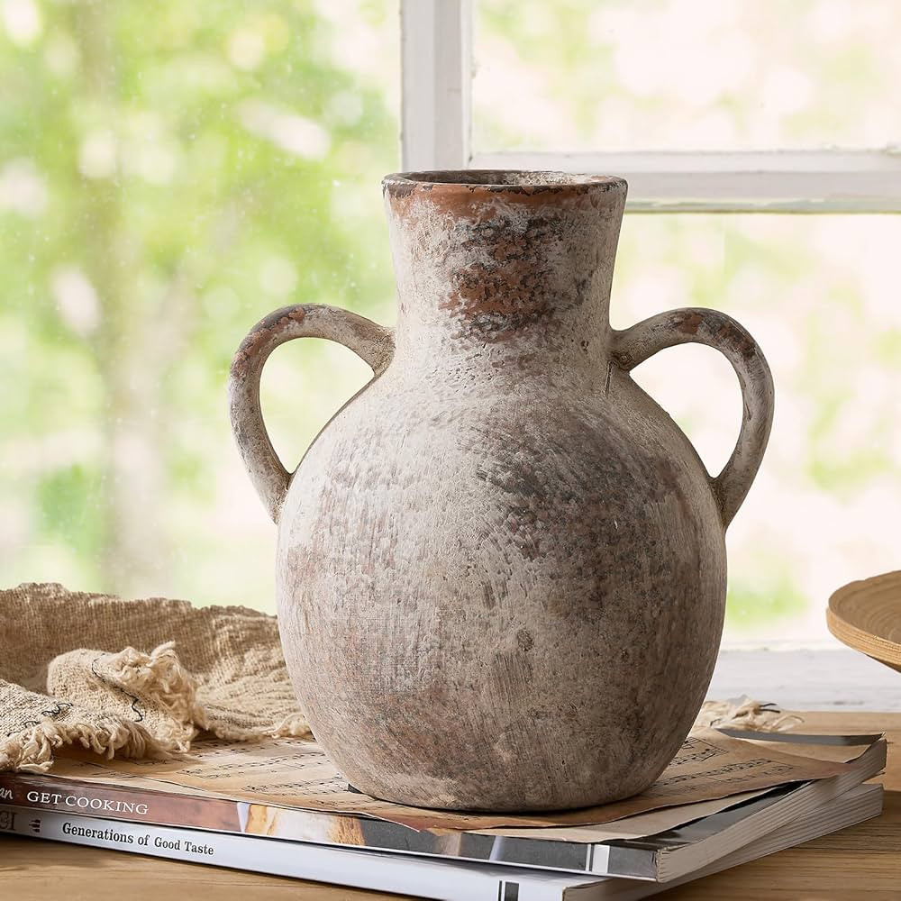 SIDUCAL Rustic Ceramic Farmhouse Flower Vase with 2 Handles, Whitewashed Terra Cotta Vase, Decora... | Amazon (US)