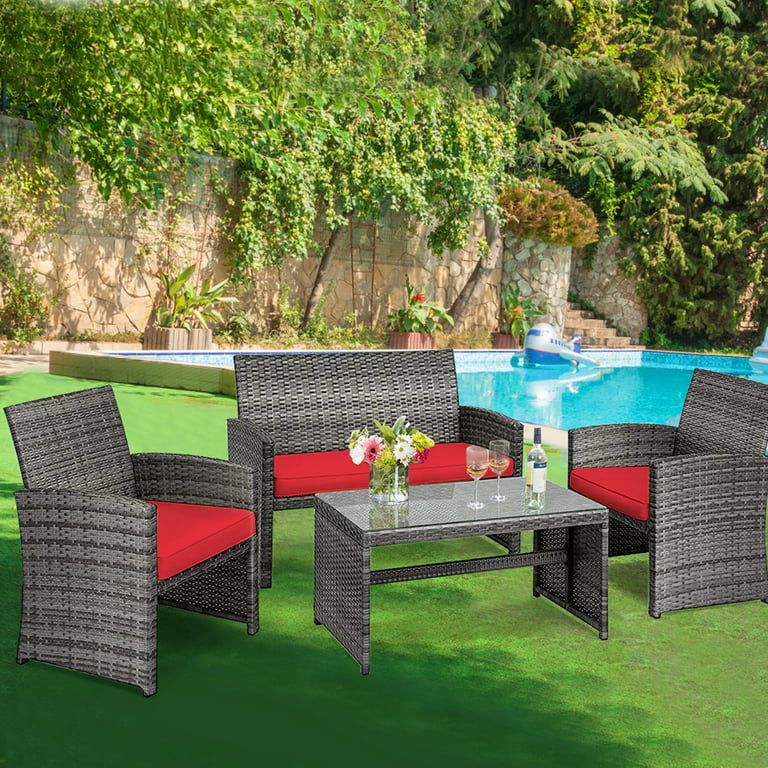 Gymax 4 Pieces Patio Outdoor Rattan Conversation Furniture Set with Red Cushion | Walmart (US)
