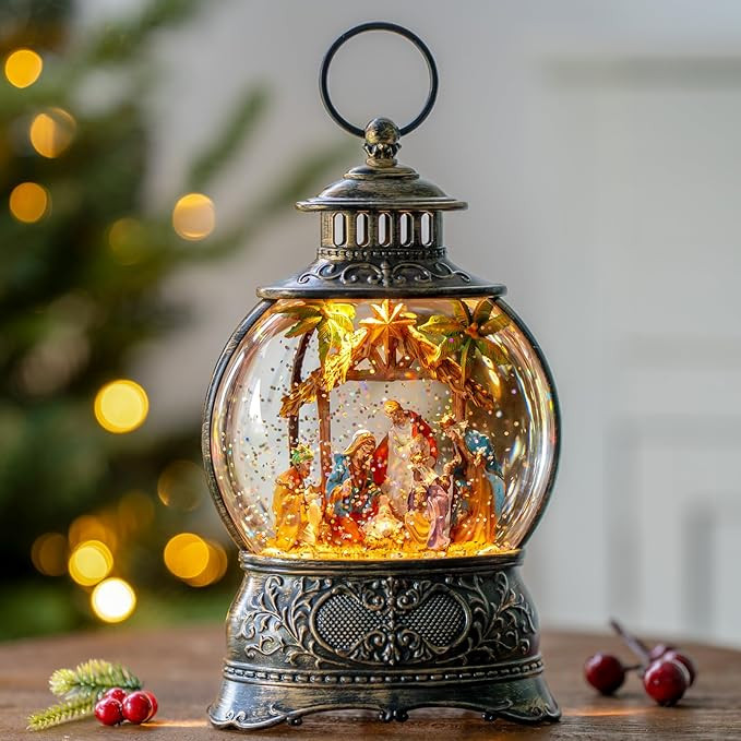 Christmas Snow Globes Lantern Christmas Snow Globe with Music Holy Family Nativity Scene,6H Timer... | Amazon (US)