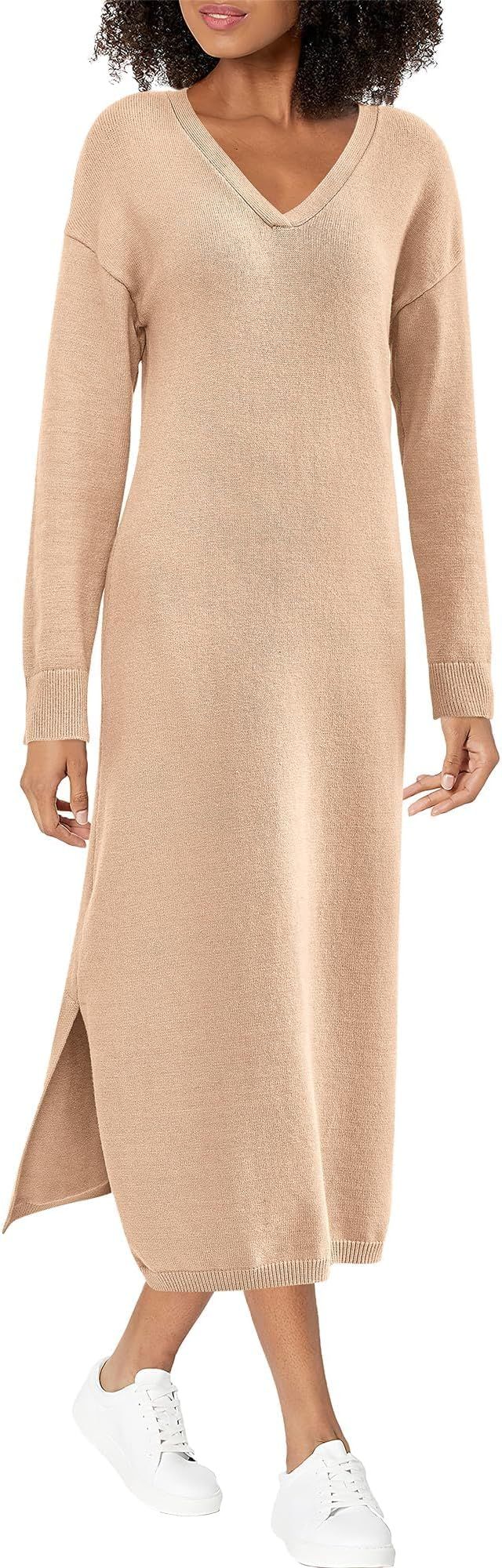 BTFBM Women Fall Sweater Dress V Neck Long Sleeve Slit Maxi Dresses Casual Knit Oversized Sweater... | Amazon (US)