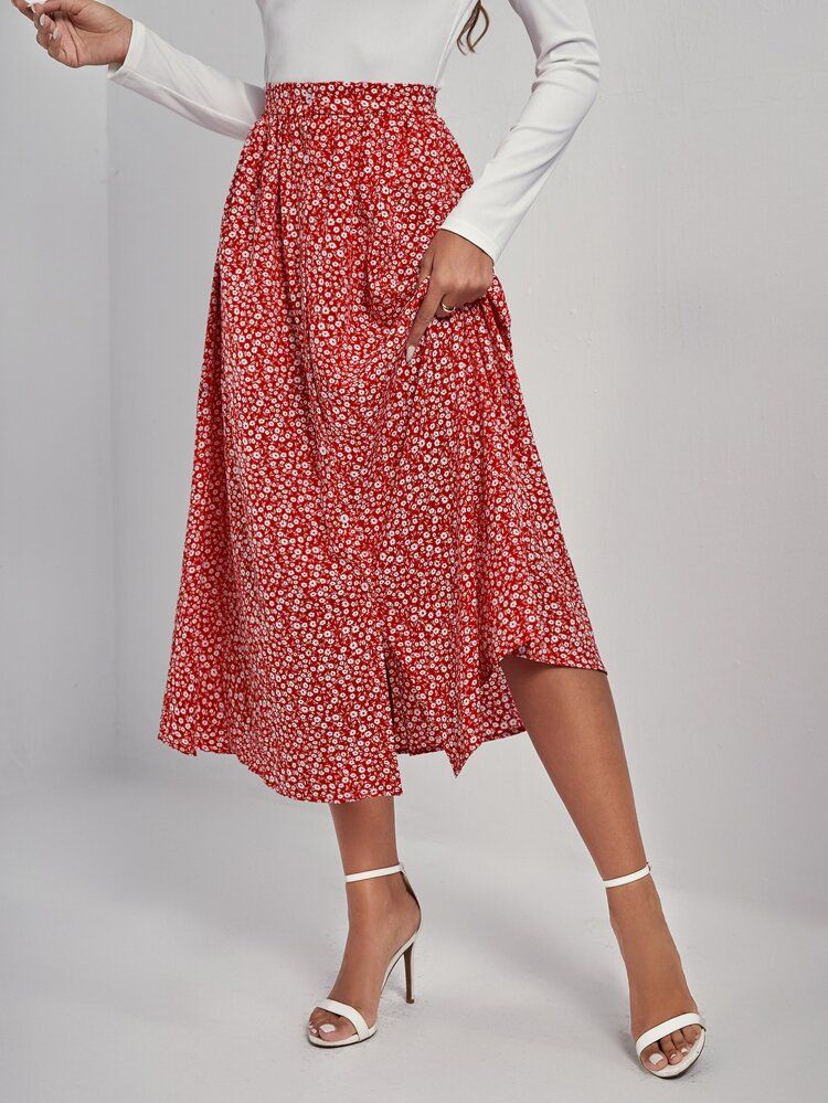 SHEIN Frenchy Ditsy Floral Print Button Through Skirt | SHEIN