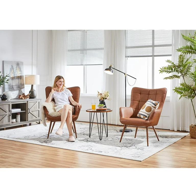 Alden Design Mid-Century Modern Faux Leather Wingback Accent Chair, Brown - Walmart.com | Walmart (US)