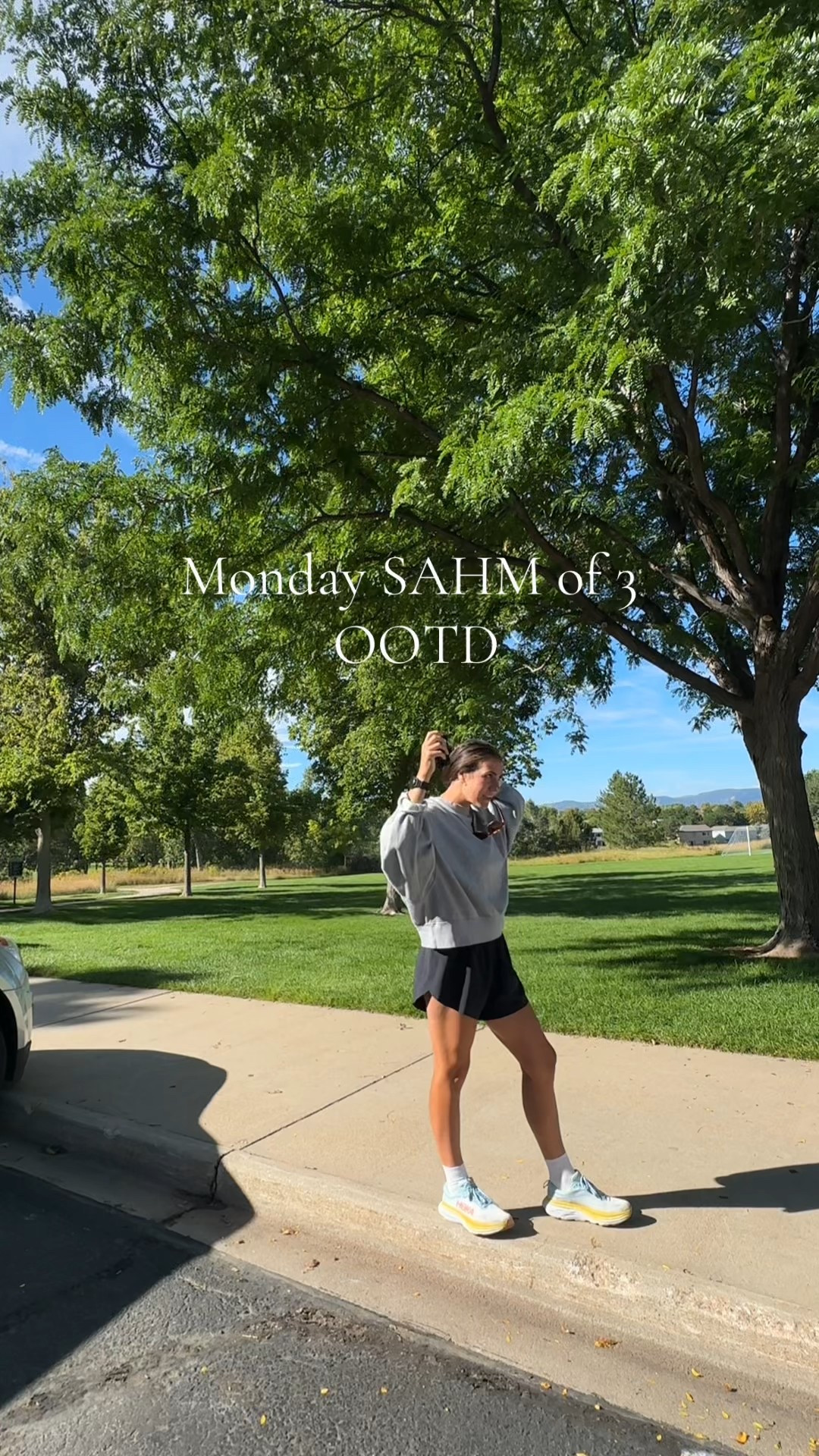 A solid go to for a SAHM, comfy, cozy and cute! 5’8 wearing XL sweatshirt, Medium shorts and a 9 in the hokas! #sahm #fall #athleticwear 

#LTKFamily #LTKActive #LTKFindsUnder50