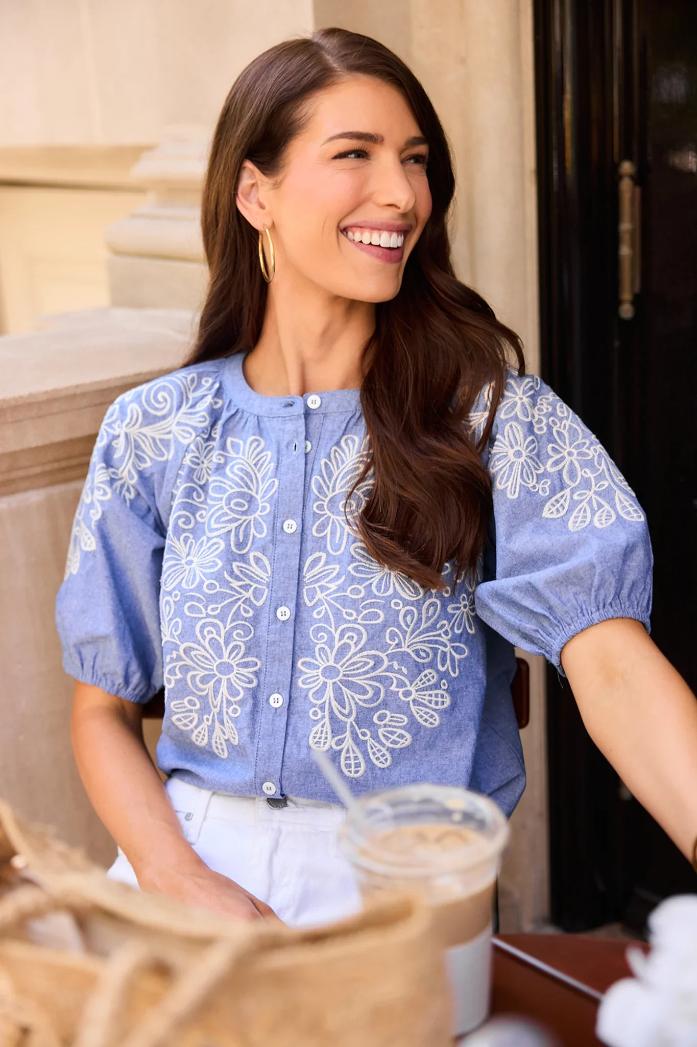 Laney Blue Embroidered Button Up Top | Avara