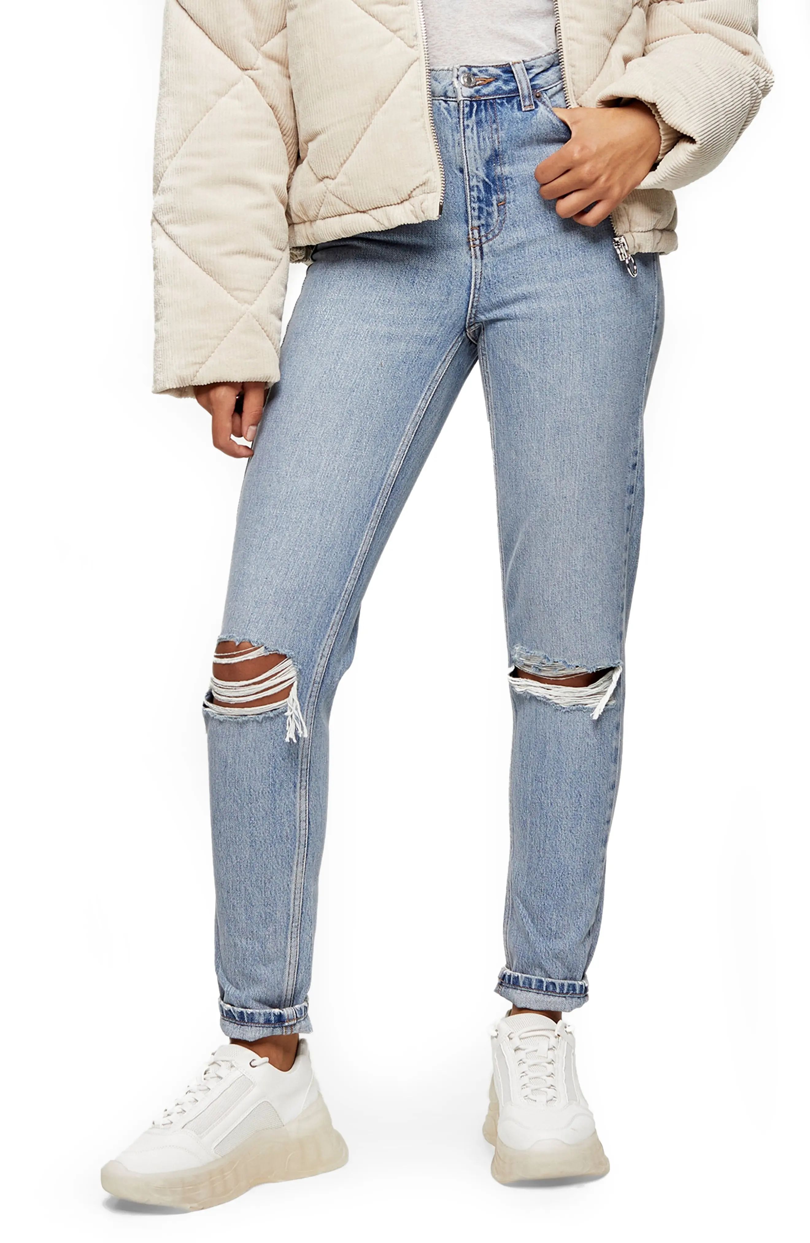 Petite Women's Topshop Double Ripped Mom Jeans, Size 30W x 28L (fits like 28-29W) - Blue | Nordstrom