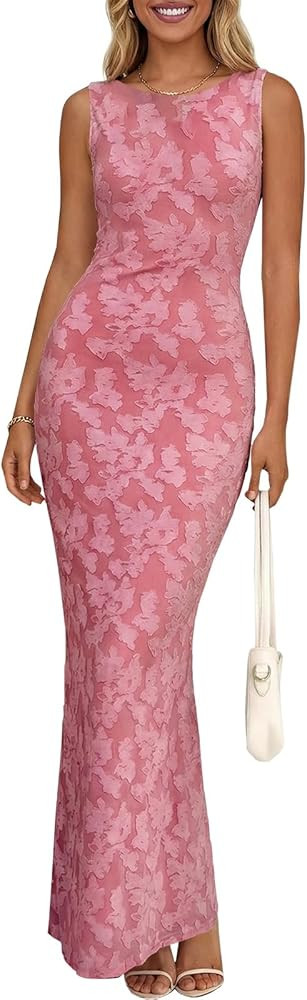 Wenrine Womens Summer Floral Maxi Dress Mesh Sleeveless Tank Dresses Slit Bodycon Party Cocktail ... | Amazon (US)