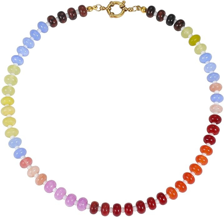 Beaded Gemstone Necklace for Women, Colorful Boho Bead Choker Necklace Natural Stone Freshwater P... | Amazon (US)
