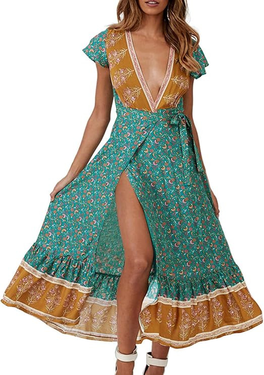 ZESICA Women's Bohemian Floral Printed Wrap V Neck Short Sleeve Split Beach Party Maxi Dress | Amazon (US)