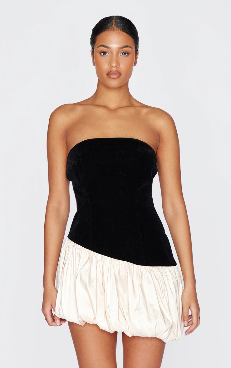 Tall Black Velvet Asymmetric Puff Ball Mini Dress | PrettyLittleThing IE