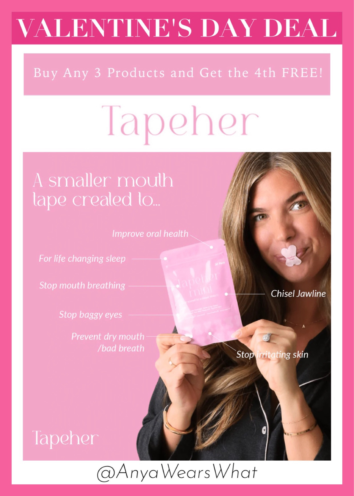 Buy 3, Get 1 Free! Plus, get an extra 15% off with code: ANYA15 💕

Taping your mouth during sleep encourages nasal breathing, which can improve oxygenation, reduce snoring, and enhance overall sleep quality, leading to better recovery. Using mouth tape can even promote better alignment of your jaw and airway. 

Don't miss out on this amazing Valentine's Day Deal! 💕

#tapeher #mouthtape #sleep #nightroutine #ltkbeauty #valentinesday #natural #health#LTKMostLoved

#LTKfitness #LTKhome #LTKbeauty

#LTKFitness 

#LTKFindsUnder50 #LTKFindsUnder100 #LTKGiftGuide