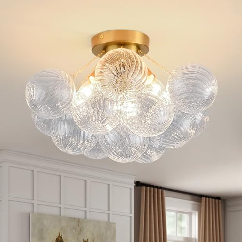 Pandaluna Bubble Chandelier Bubble Ceiling Light 17in Semi Flush Mount Chandelier Blown Glass Mid Century Close to Ceiling Light Fixture for Bedroom Hallway Entryway Kitchen Foryer Dining Room 1 Pack | Amazon (US)