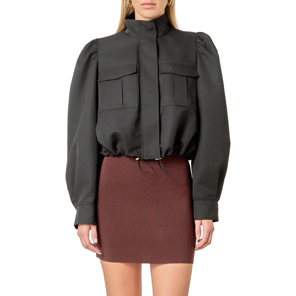 English Factory Drawstring Crop Bomber Jacket in Black at Nordstrom, Size Small | Nordstrom