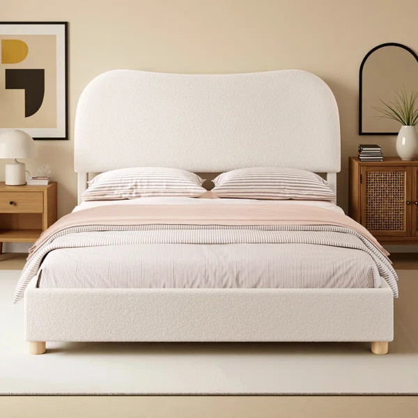 Upholstered Boucle Platform Bed with Curved Shaped Headboard & Soft Rounded Corners | Wayfair North America