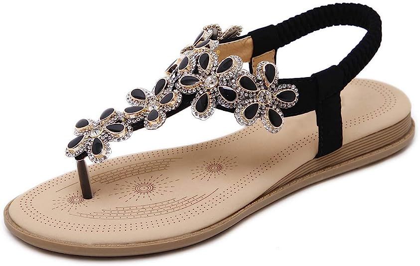 iCKER Women Rhinestone Sandals T-Strap Buckle Bohemian Pearl Crystal Flat Sandals | Amazon (US)