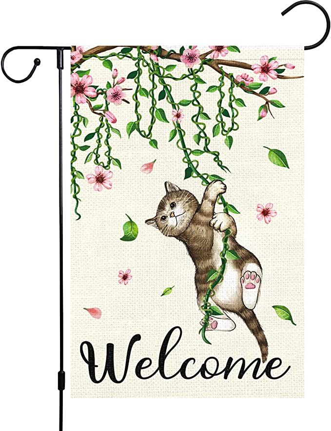 Welcome Spring Garden Flag 12x18 Double Sided, Burlap Small Cat Flower Floral Garden Yard Flags f... | Amazon (US)