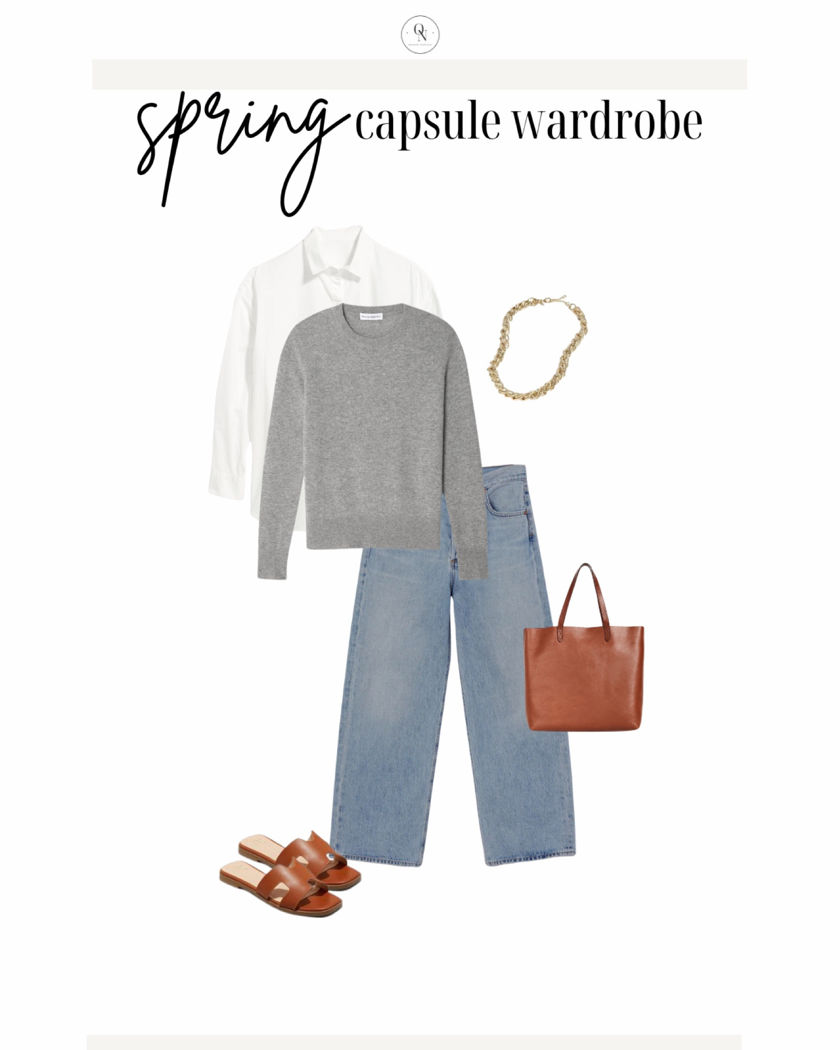 Cashmere sweater outfit idea, spring outfit idea 

The Spring Capsule Wardorbe is here! 18 pieces to make getting dressed easy, decrease decision fatigue and reduce your mental load this spring. All at a modest price point with all items including trench under $150.

1. Basic white tshirt
2. Cashmere sweater
3. Striped sweater
4. White button down
5. Black denim
6. Cream pants (not shown but linked)
7. Wide leg denim
8. Black blazer
9. Trench coat
10. Black mules
11. Cognac sandals
12. Black sling backs
13. Sneakers
14. Chain necklace
15. Black purse 
16. Black crossbody (not shown)
17. Cognac tote
18. Sunglasses

spring outfits, spring capsule, what to wear for spring, spring outfits for women, travel spring outfits, spring essentials, sprint closet essentials, spring wardrobe essentials

#LTKSeasonal #LTKSpringSale