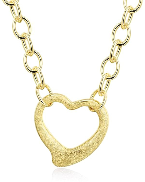 Puffy Heart Necklace 14K Gold Plated on Stainless Steel Paper Clip Chain | Shinny Or Brushed Fini... | Amazon (US)