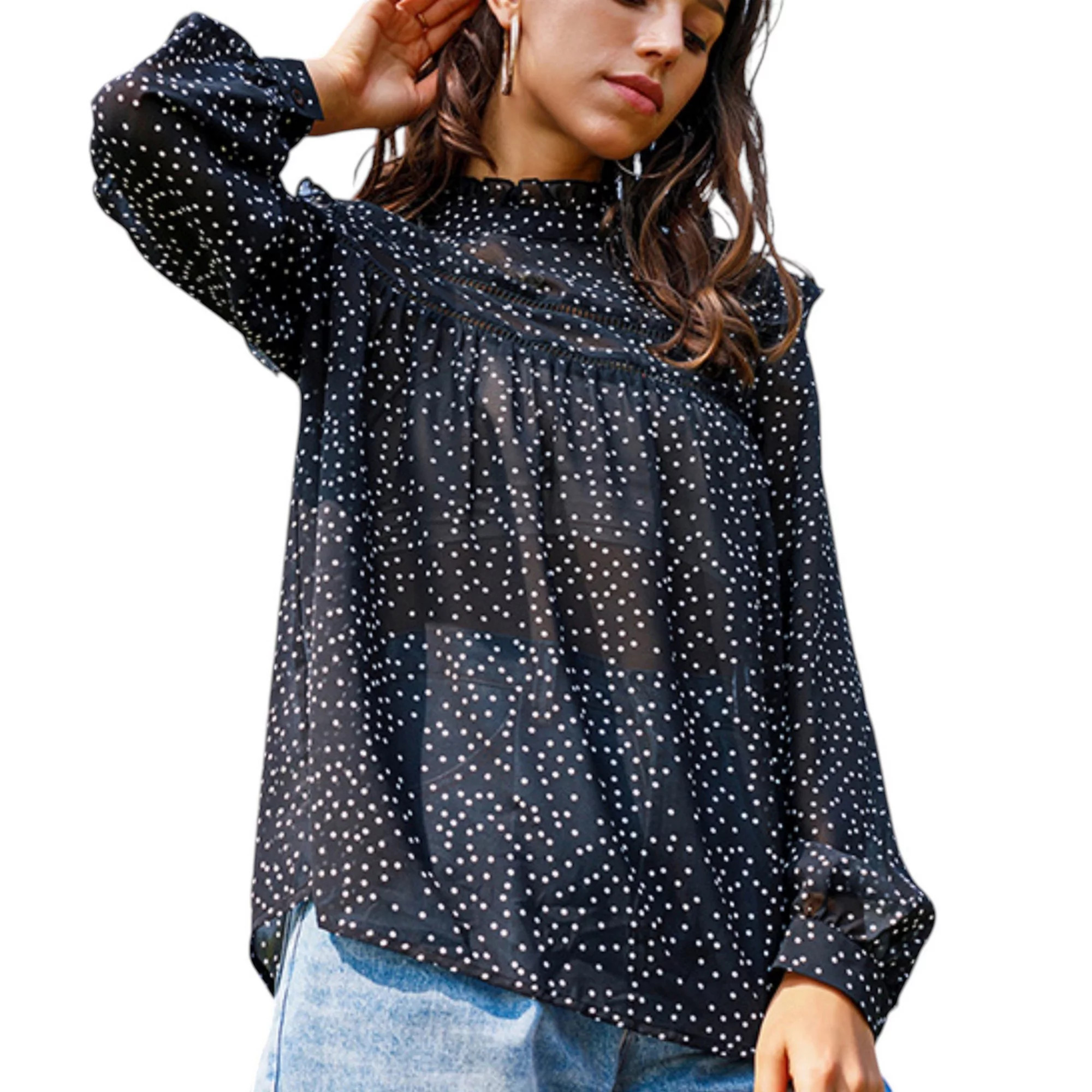 Women's Long Sleeve Polka Dot Blouse with High Smocked Neckline and Flowing Relaxed Fit | Kohl's