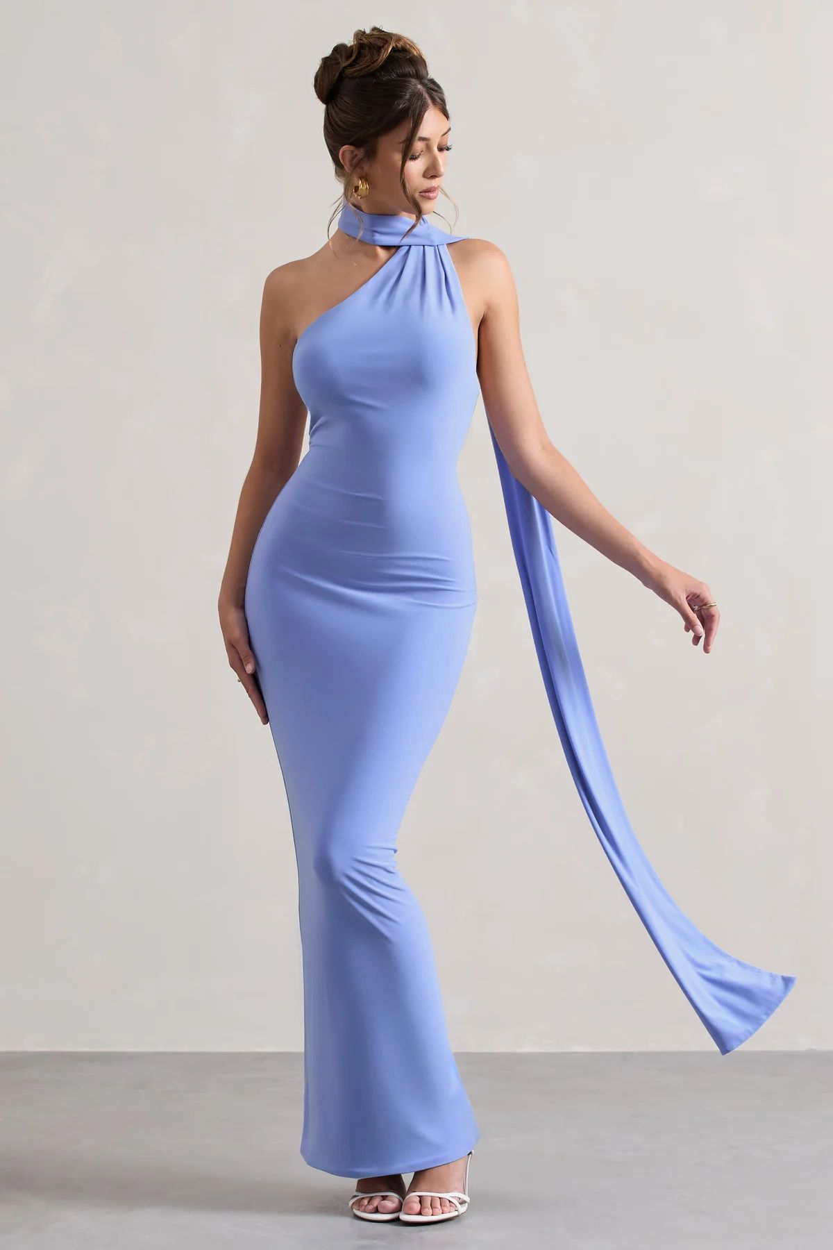 Miss | Pale Blue One Shoulder Backless Maxi Dress With Scarf | Club L London