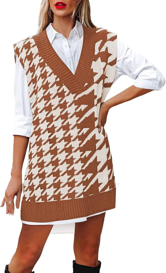 Viottiset Women's Oversized V Neck Knit Sweater Vest Tunic Sleeveless Pullover Top | Amazon (US)