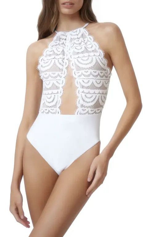 PQ SWIM Keyhole Lace One-Piece Swimsuit in Water Lily at Nordstrom, Size Large | Nordstrom