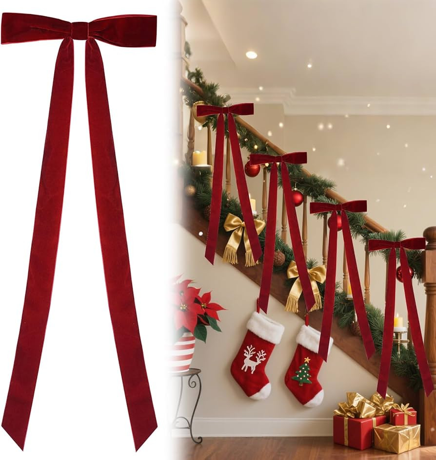 4PCS Large Red Velvet Bows for Staircase, Vintage Christmas Velvet Ribbon Bow Tree Topper Big Chi... | Amazon (US)