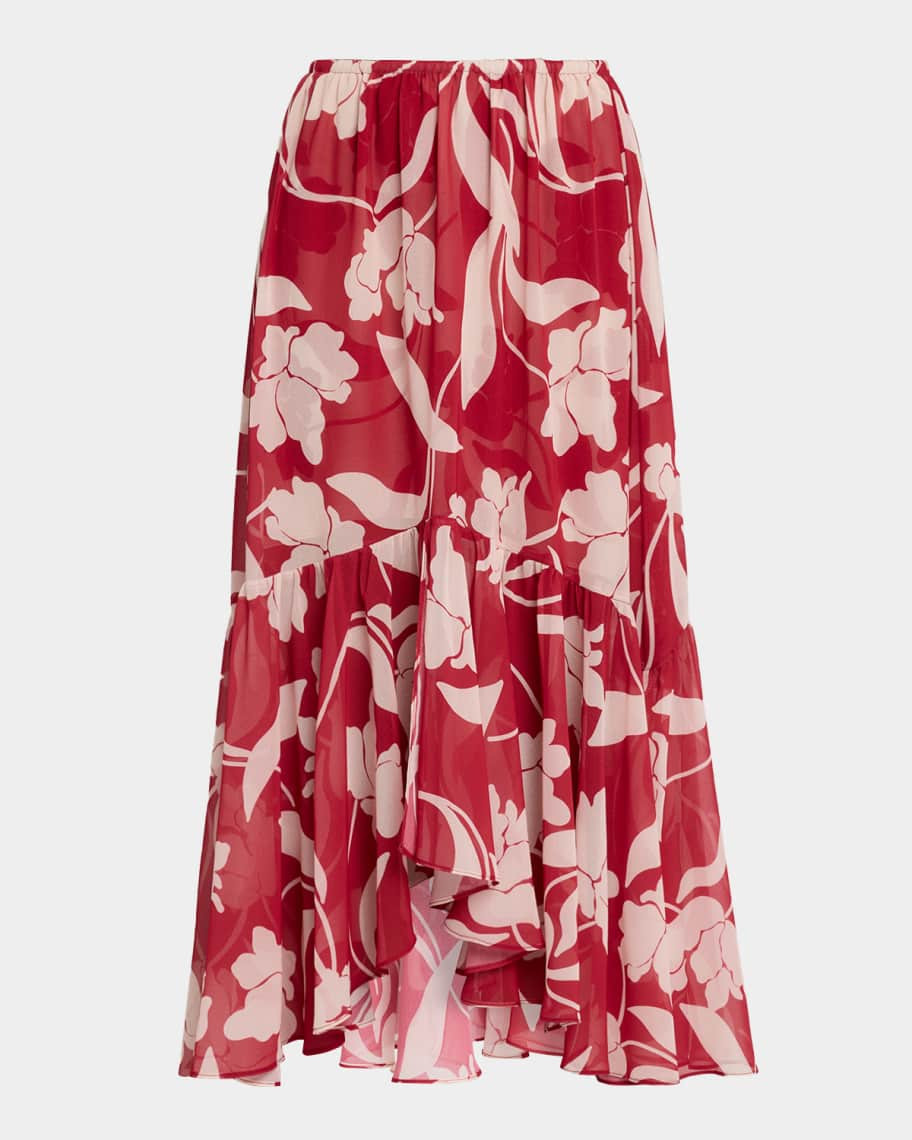 MISA Los Angeles Geena Cherry Flora Chiffon Midi Skirt | Neiman Marcus