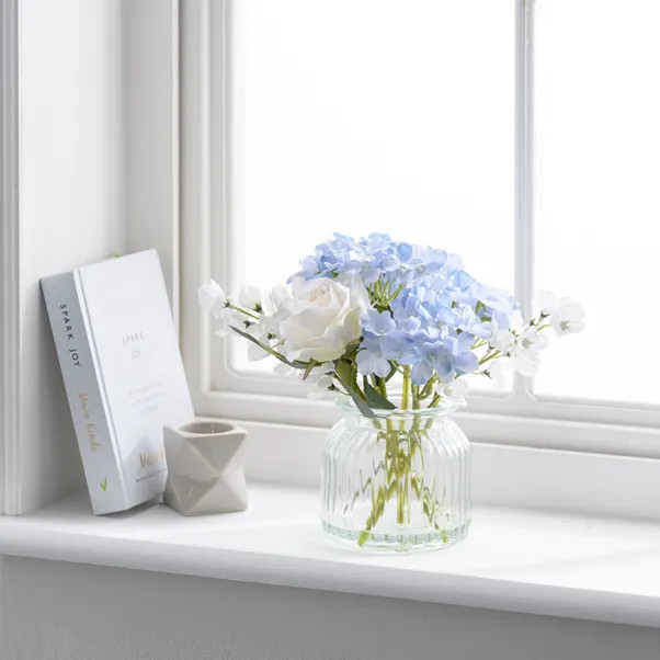 Artificial Hydrangea and Rose Bouquet in Ribbed Glass Vase | Dunelm (migrated)
