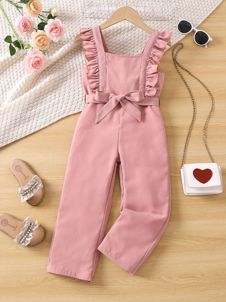Toddler Girls Ruffle Trim Belted Jumpsuit | SHEIN
